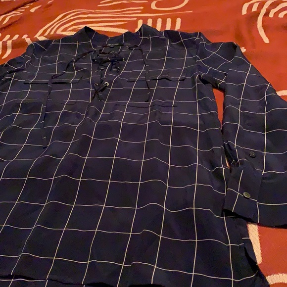 Madewell 100% Silk Window Pane Plaid LaceUp Blouse - Picture 4 of 5